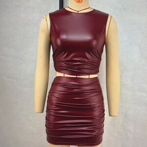 Sleek Burgundy Faux Leather Ruched Two-Piece Set